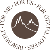 Circular logo with brown mountain silhouettes in the center. The text around the circle reads: FOR ME • FOR US • FOR ÖTZTAL LOVERS • BERGWEIT.