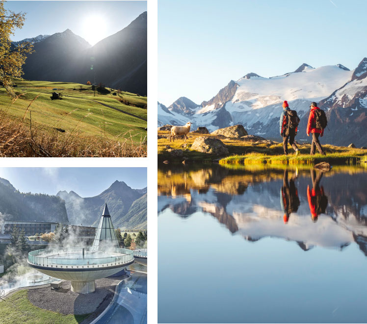 A collage of three images: a sunlit green valley with mountains, two hikers walking near a lake with snowy peaks in the background, and a modern glass structure surrounded by mist in a mountainous setting.