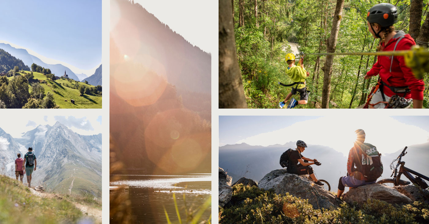 Collage depicting various outdoor activities: lush mountain landscape, sunlit forest with cyclists, hikers on a mountain trail, serene lake with sunlight reflections, and two cyclists resting on a rock overlooking a scenic view.