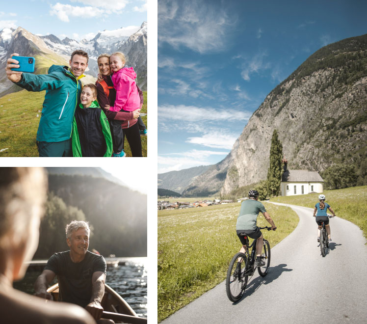 Top left: A family of four takes a selfie in front of a mountainous landscape. Bottom left: An older man smiles while rowing a boat. Right: Two people ride bicycles on a path through a scenic valley with mountains in the background.